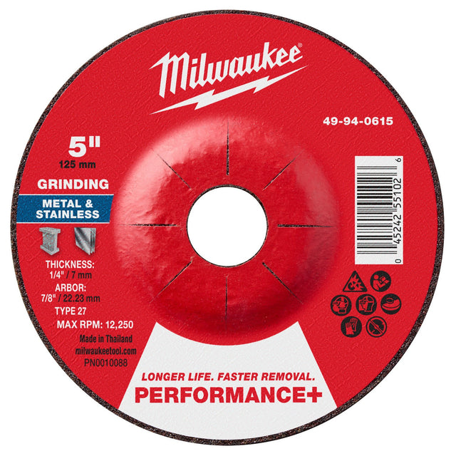 Milwaukee 49-94-0615 5 in. x 1/4 in. x 7/8 in. Performance Plus Metal Grinding Wheel Type 27 (1 Each)