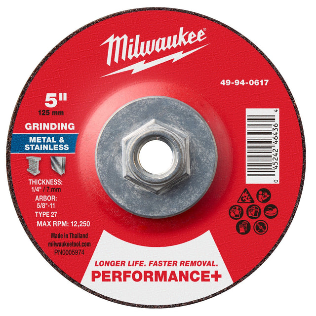 Milwaukee 49-94-0617 5 in. x 1/4 in. x 5/8 in.-11 Performance+ Metal Grinding Wheel Type 27