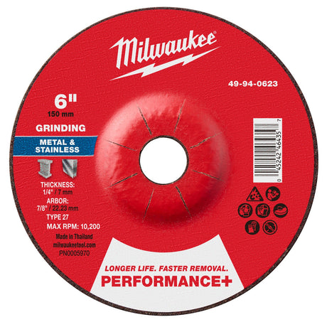 Milwaukee 49-94-0623 6 in x 1/4 in x 7/8 in Performance Plus Metal Grinding Wheel Type 27