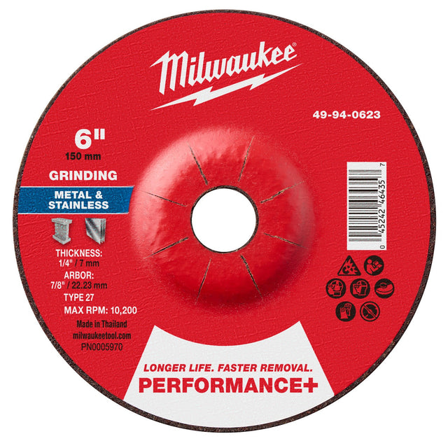 Milwaukee 49-94-0623 6 in x 1/4 in x 7/8 in Performance Plus Metal Grinding Wheel Type 27