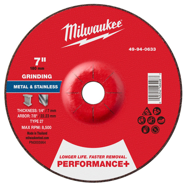 Milwaukee 49-94-0633 7 in. x 1/4 in. x 7/8 in. Performance Plus Metal Grinding Wheel Type 27 (1 Pack)