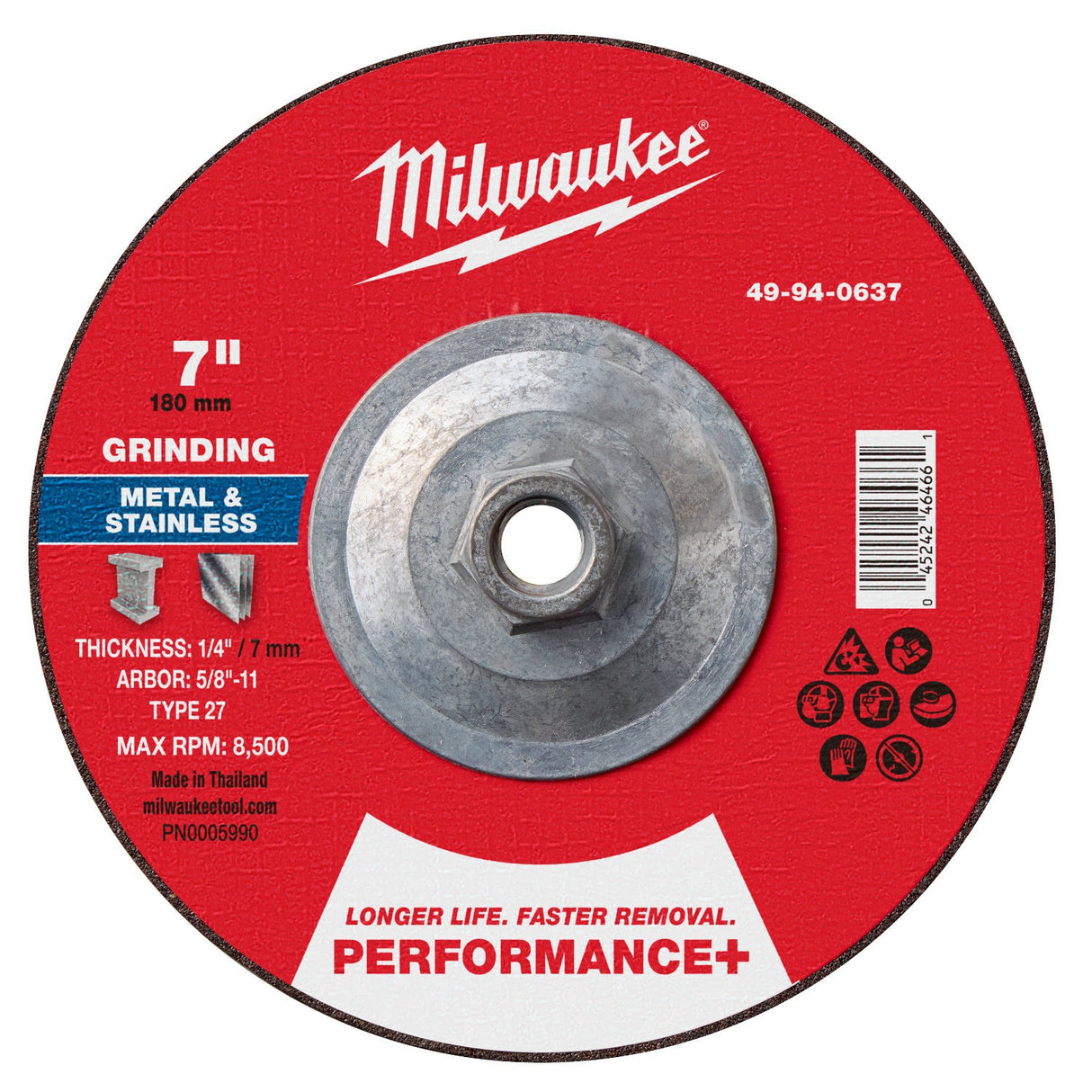 Milwaukee 49-94-0637 7 in. Performance+ Type 27 Metal Grinding Wheel 5/8-11
