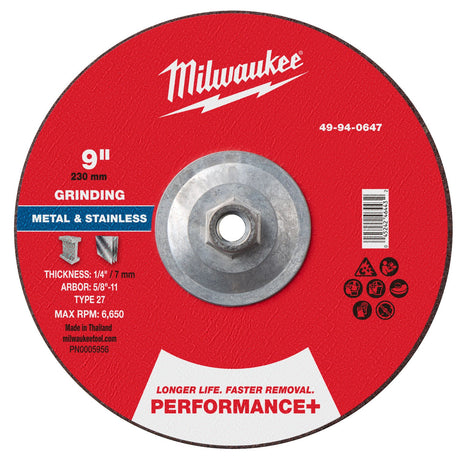 Milwaukee 49-94-0647 9 in. x 1/4 in. Type 27 Performance+ Metal Grinding Wheel with 5/8 in.-11 Hub