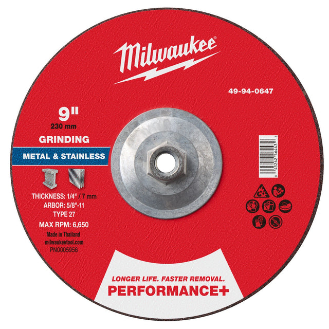 Milwaukee 49-94-0647 9 in. x 1/4 in. Type 27 Performance+ Metal Grinding Wheel with 5/8 in.-11 Hub