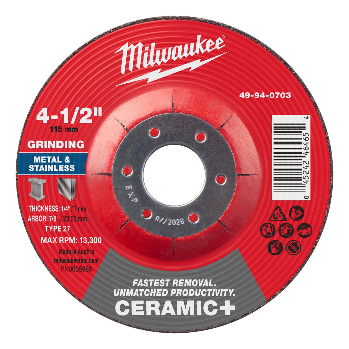 Milwaukee 49-94-0703 4-1/2 in x 1/4 in x 7/8 in Ceramic+ Metal Grinding Wheel Type 27