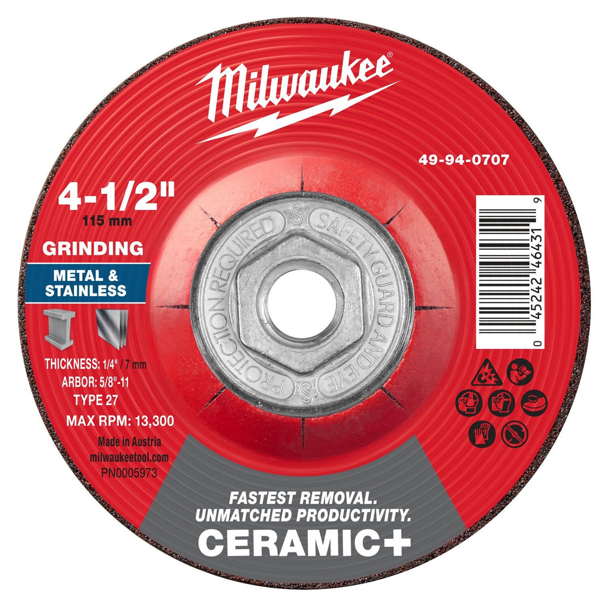 Milwaukee 49-94-0707 4-1/2 in x 1/4 in Type 27 Ceramic Plus Metal Grinding Wheel 5/8-11