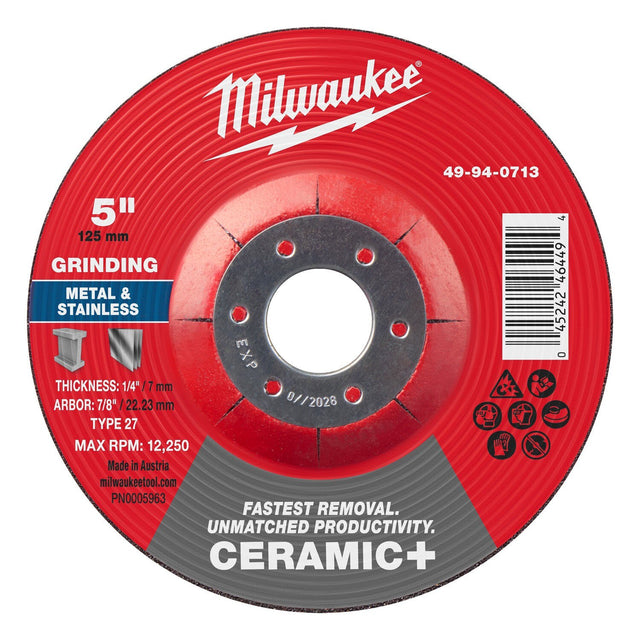 Milwaukee 49-94-0713 5 in. x 1/4 in. x 7/8 in. Ceramic Plus Metal Grinding Wheel Type 27