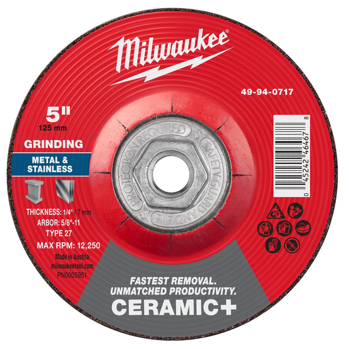 Milwaukee 49-94-0717 5 in x 1/4 in x 5/8-11 Ceramic Plus Metal Grinding Wheel Type 27