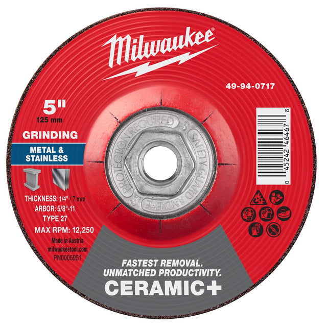 Milwaukee 49-94-0717 5 in x 1/4 in x 5/8-11 Ceramic Plus Metal Grinding Wheel Type 27