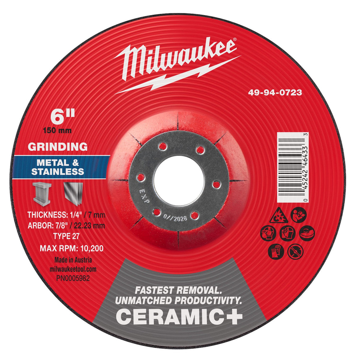 Milwaukee 49-94-0723 6 in. x 1/4 in. x 7/8 in. Ceramic+ Metal Grinding Wheel Type 27