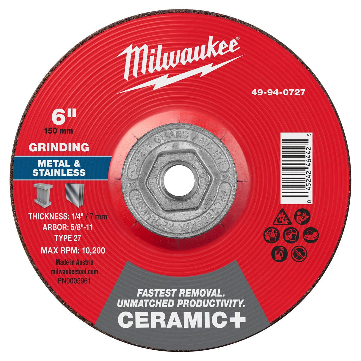 Milwaukee 49-94-0727 6 in Ceramic Plus Metal Grinding Wheel Type 27 5/8-11