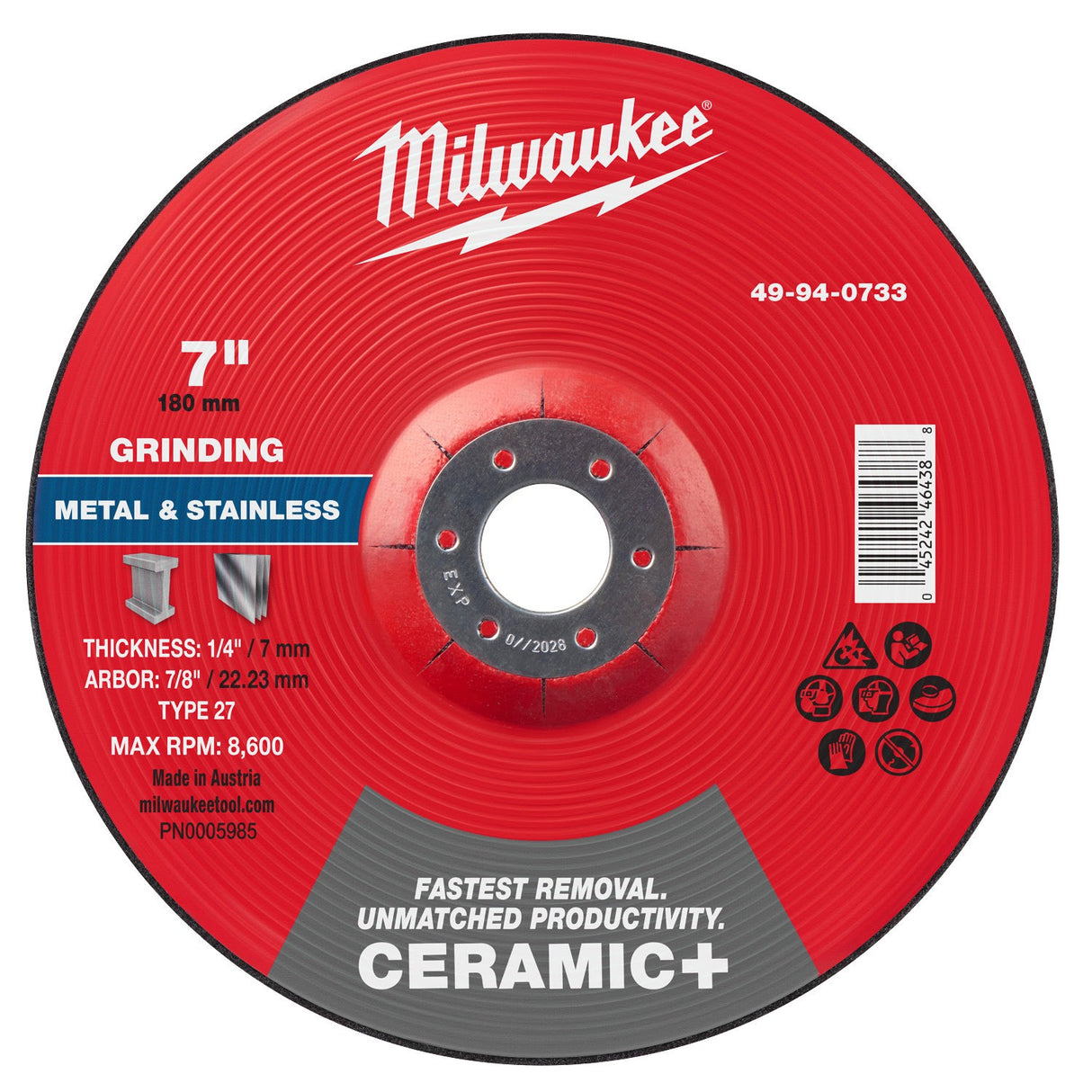 Milwaukee 49-94-0733 7 in x 1/4 in x 7/8 in Ceramic Plus Metal Grinding Wheel Type 27 for Metal and Stainless Steel