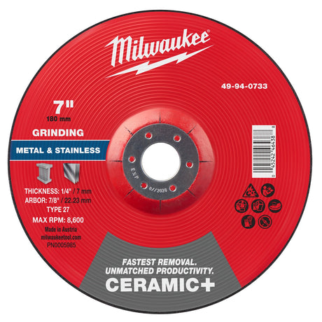 Milwaukee 49-94-0733 7 in x 1/4 in x 7/8 in Ceramic Plus Metal Grinding Wheel Type 27 for Metal and Stainless Steel