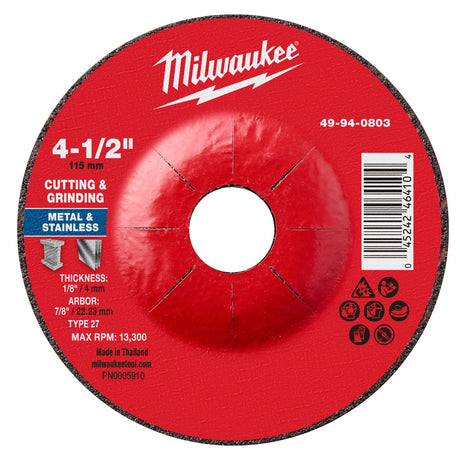 Milwaukee 49-94-0803 4-1/2 x 1/8 x 7/8 Dual Metal Cut and Grind Wheel Type 27