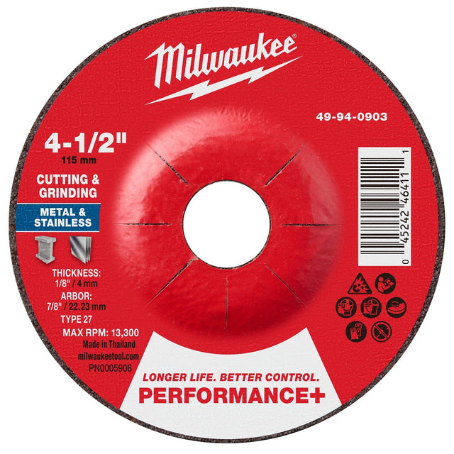 Milwaukee 49-94-0903 Performance Plus Dual Metal Cut Grind Wheel Type 27 4-1/2 in x 1/8 in x 7/8 in (25 Pack)