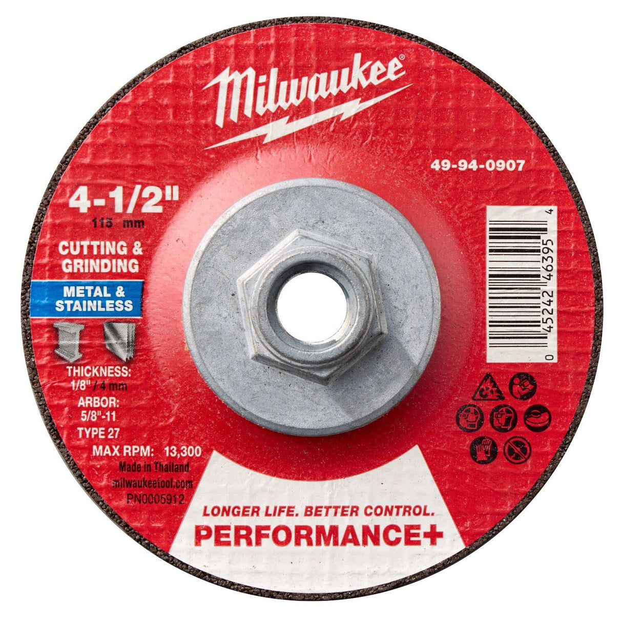 Milwaukee 49-94-0907 4-1/2 in. x 1/8 in. x 5/8-11 Performance Plus Dual Metal Cut and Grind Wheel Type 27