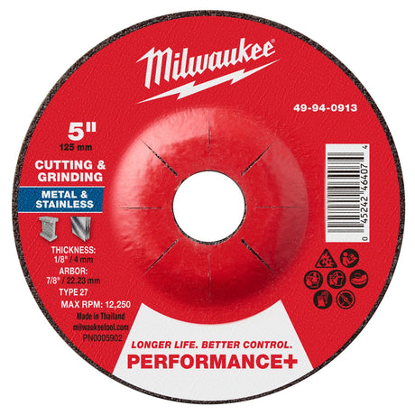 Milwaukee 49-94-0913 Performance+ Dual Metal Cut and Grind Wheel Type 27 5x1/8x7/8 in (1 Pack)