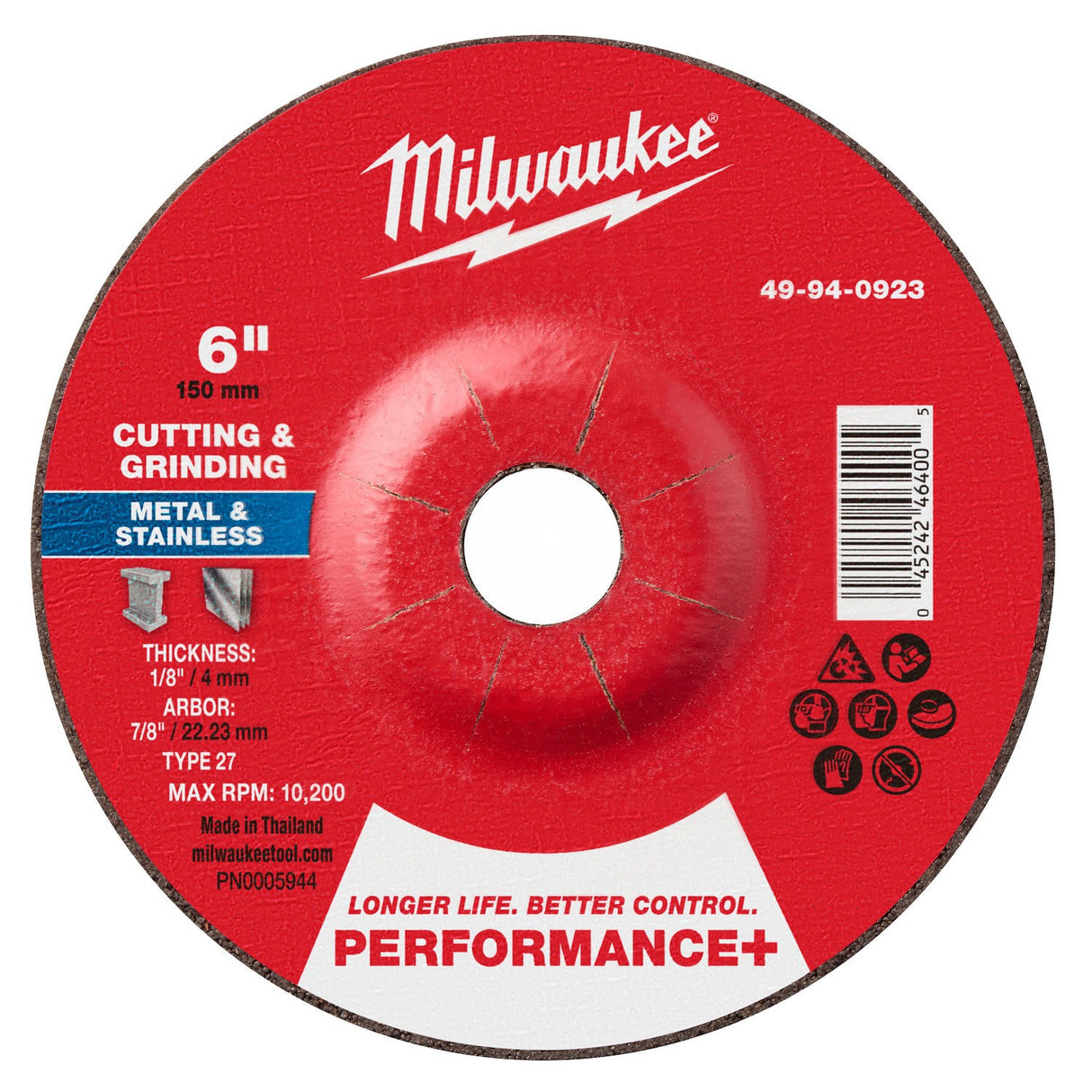 Milwaukee 49-94-0923 6 in. x 1/8 in. x 7/8 in. Performance+ Dual Metal Cut and Grind Wheel Type 27