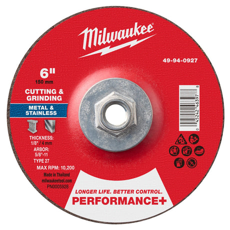 Milwaukee 49-94-0927 6 in. x 1/8 in. x 5/8-11 Performance Plus Dual Metal Cut and Grind Wheel Type 27