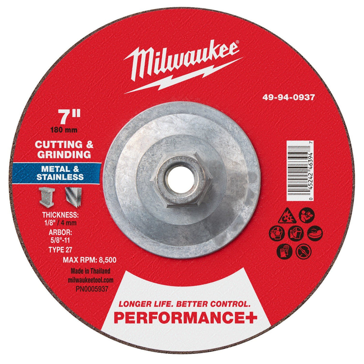 Milwaukee 49-94-0937 7 in x 1/8 in x 5/8-11 Dual Metal Cut and Grind Wheel Type 27 (1 Wheel)
