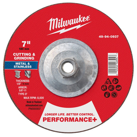 Milwaukee 49-94-0937 7 in x 1/8 in x 5/8-11 Dual Metal Cut and Grind Wheel Type 27 (1 Wheel)