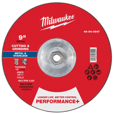 Milwaukee 49-94-0947 9 in. x 1/8 in. Type 27 Performance+ Dual Metal Cut and Grind Wheel 5/8-11