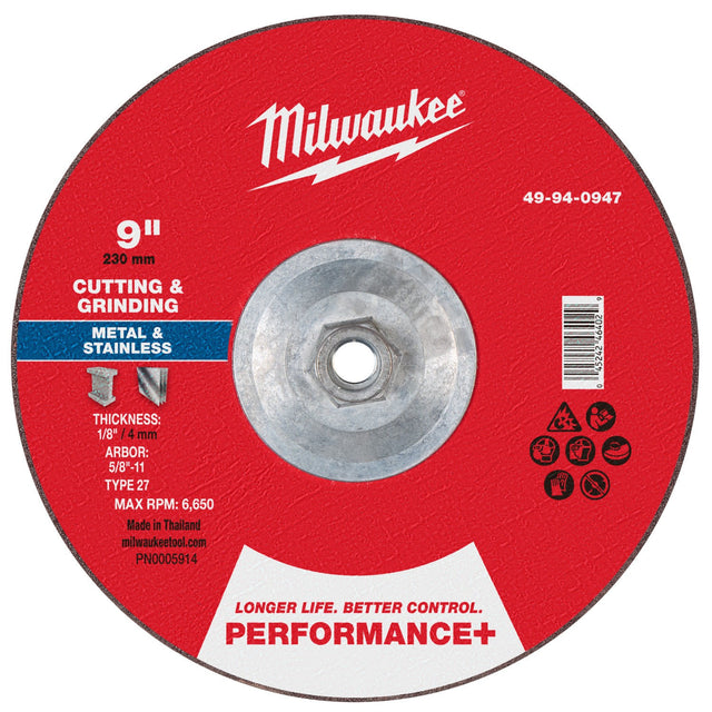 Milwaukee 49-94-0947 9 in. x 1/8 in. Type 27 Performance+ Dual Metal Cut and Grind Wheel 5/8-11