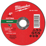 Milwaukee 49-94-1900 4 in. x 1/8 in. x 5/8 in. Masonry Cut-Off Wheel Type 1 for Angle Grinders (1 Pack)