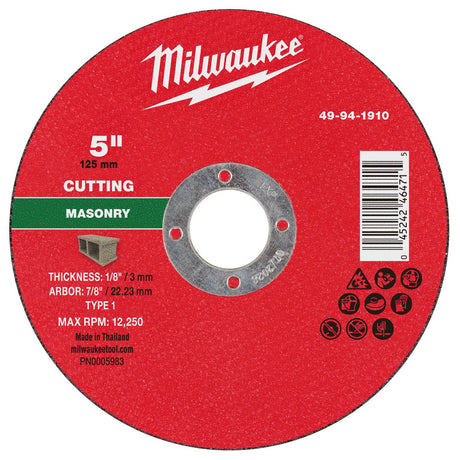 Milwaukee 49-94-1910 5 in. Type 1 Masonry Cut Off Wheel 1/8 in. Thick 7/8 in. Arbor