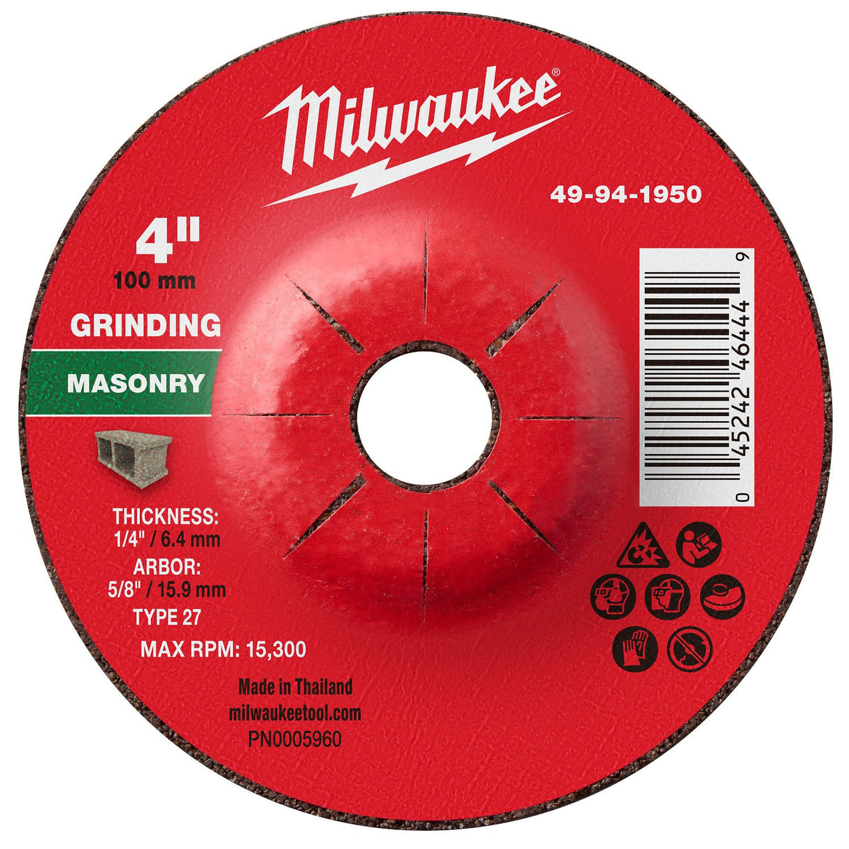 Milwaukee 49-94-1950 4 in x 1/4 in x 5/8 in Type 27 Masonry Grinding Wheel for Angle Grinders