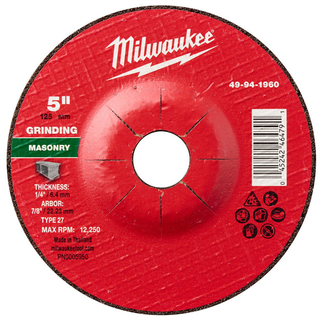 Milwaukee 49-94-1960 5 in x 1/4 in x 7/8 in Type 27 Masonry Grinding Wheel for Angle Grinders