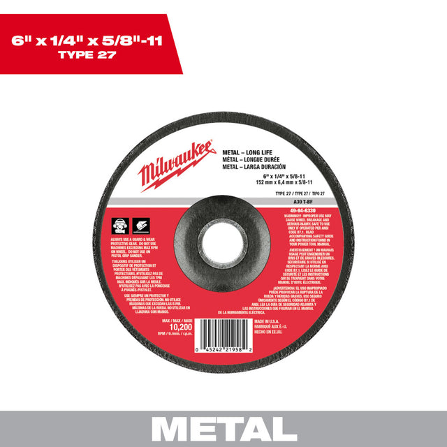 Milwaukee 49-94-6330 6 in. x 1/4 in. x 5/8-11 in. Grinding Wheel (Type 27)