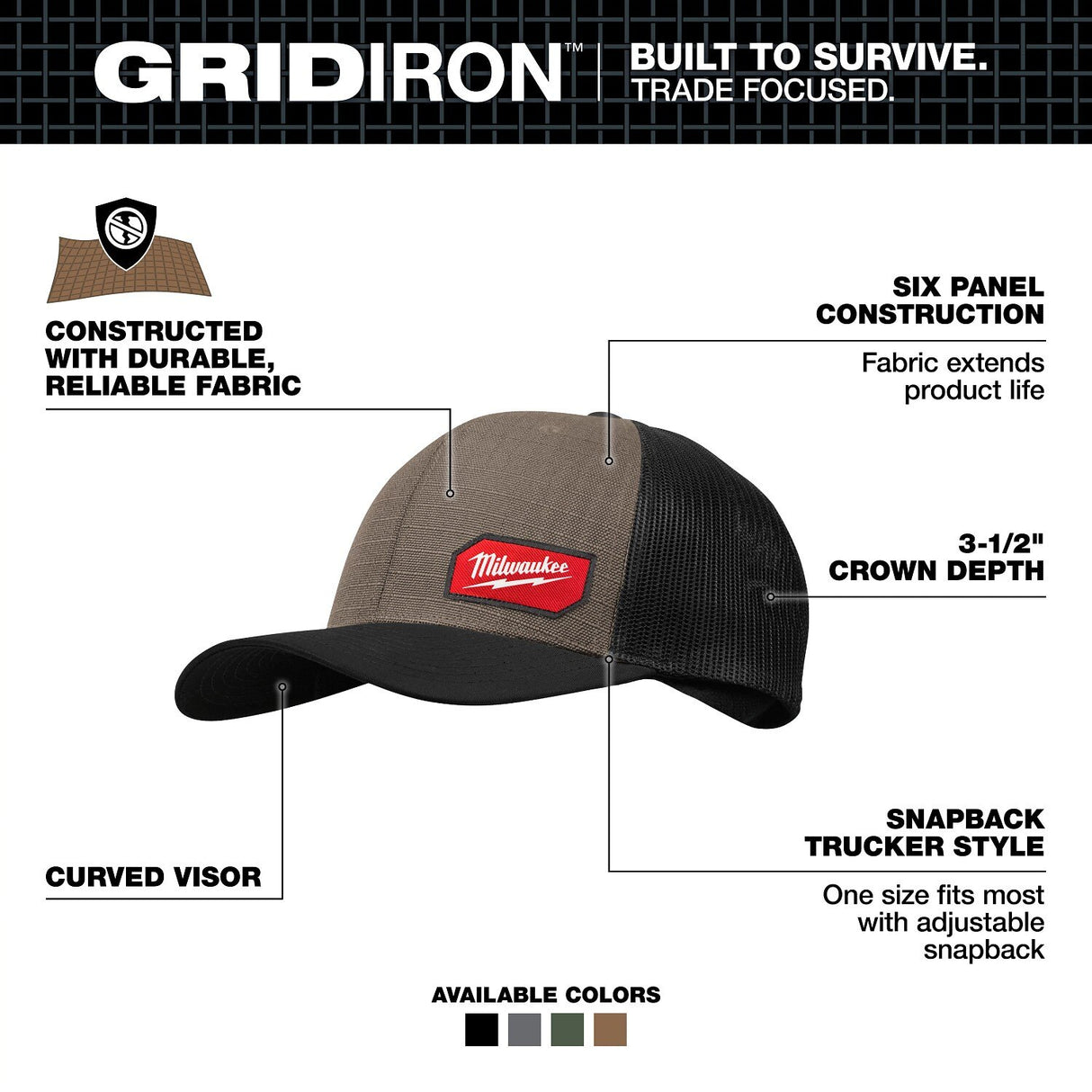 Milwaukee 505N GRIDIRON Snapback Trucker Hat Brown with Ripstop Polyester Front Panel - 2