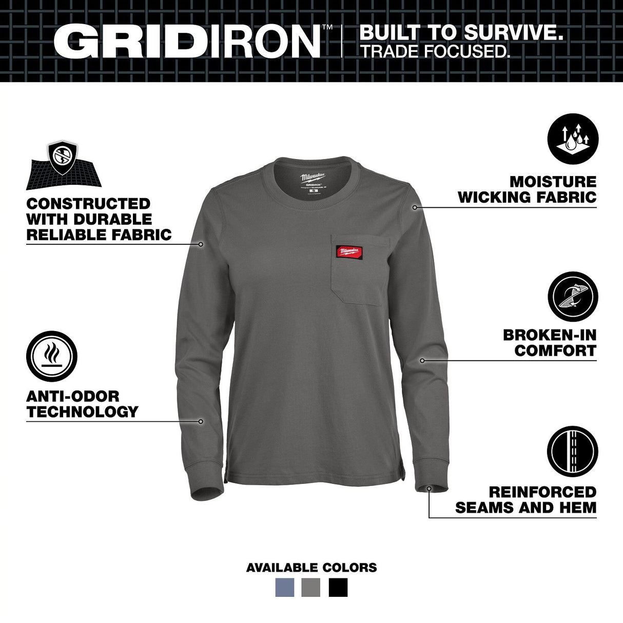 Milwaukee F551G-2X Women's GRIDIRON Pocket T-Shirt - Long Sleeve Gray 2X - 2