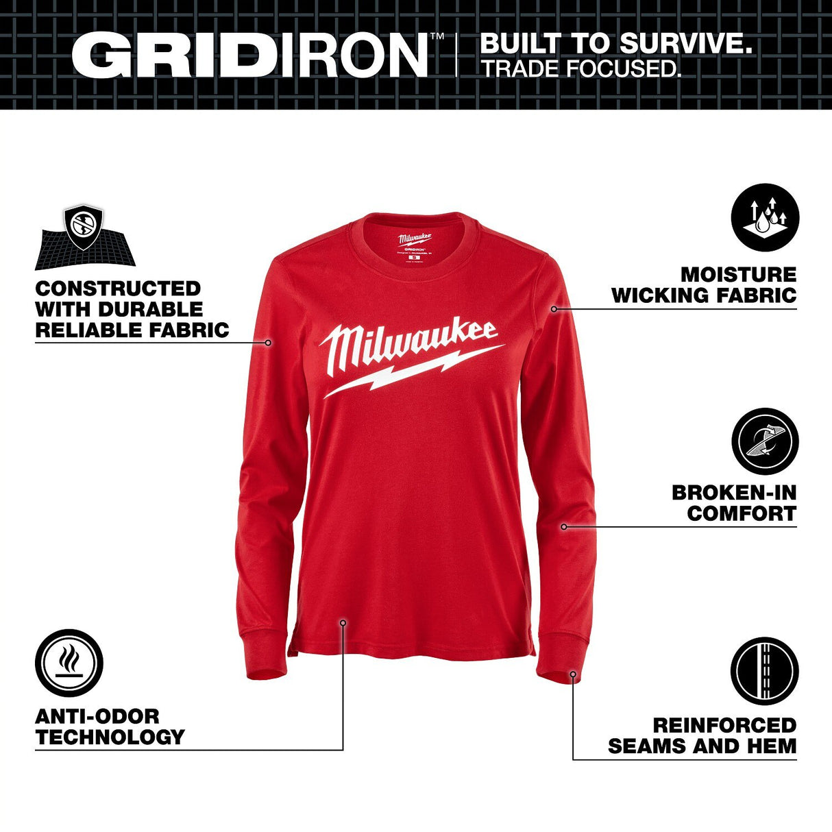 Milwaukee F553R-2X Women's GRIDIRON Logo Tee - Long Sleeve Red 2X - 2