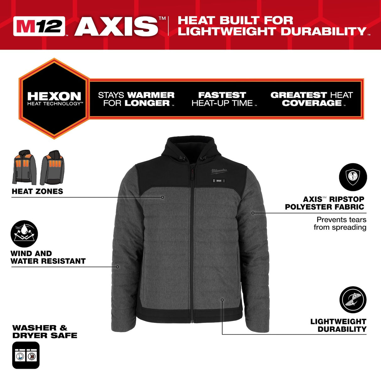 Milwaukee M102G-21 M12 Heated Gray Axis Jacket with (1) 3.0 Ah Battery and Charger - 2