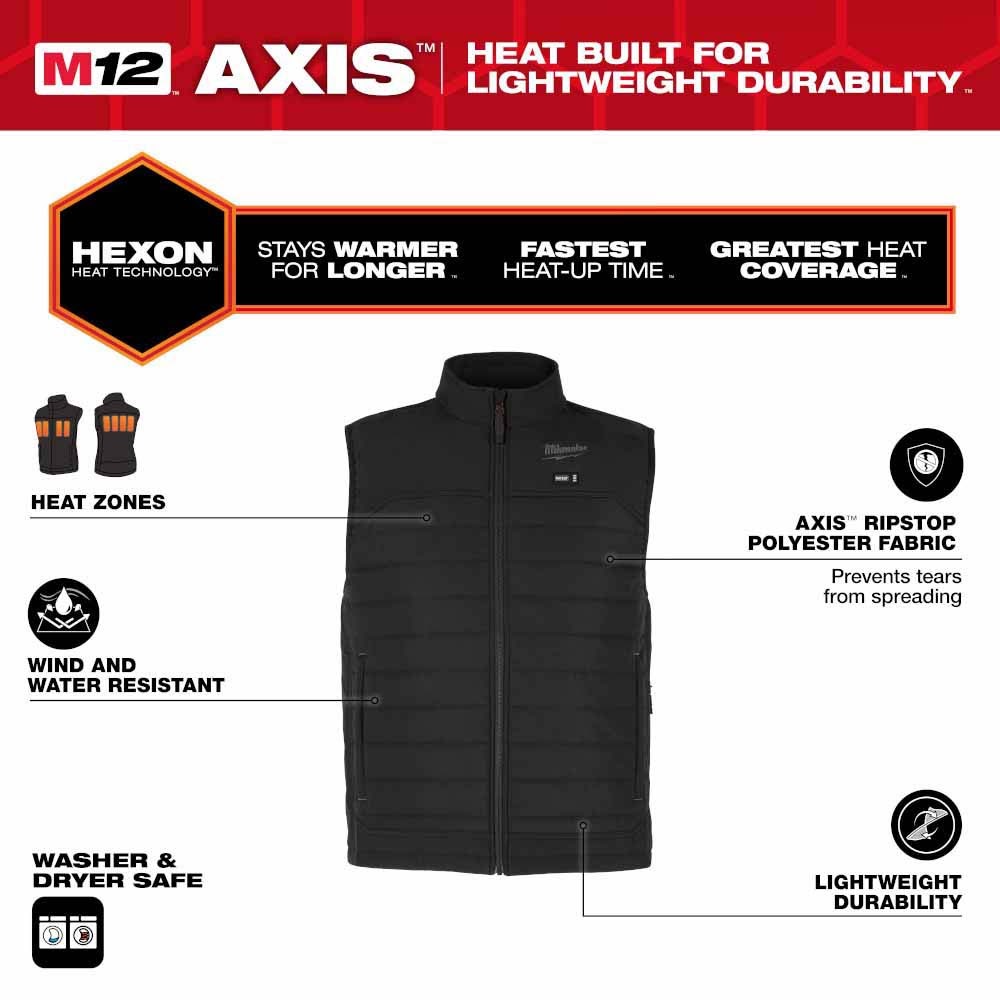 Milwaukee M300B-21 M12 Heated Black Axis Vest with (1) 3.0 Ah Battery and Charger - 3