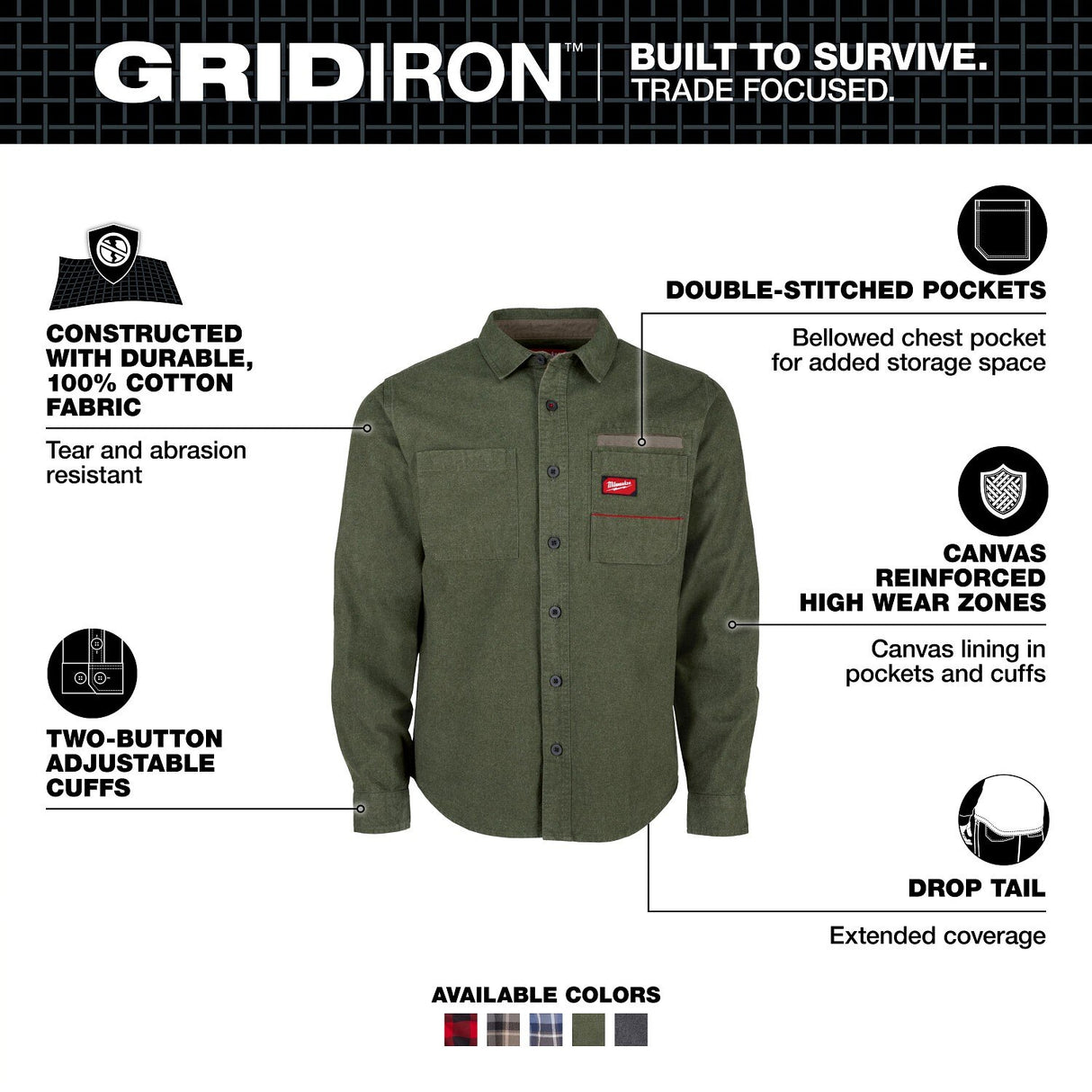 Milwaukee M552E-L Gridiron Flannel Shirt Wind Resistant Heavyweight Cotton with Reinforced Pockets and Cuffs - 2
