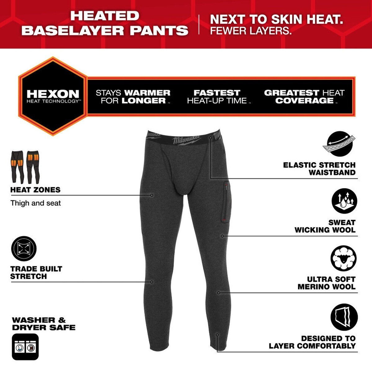 Milwaukee M600B-21 Heated Merino Wool Baselayer Pants Kit with 2.5Ah Battery App Control - 2