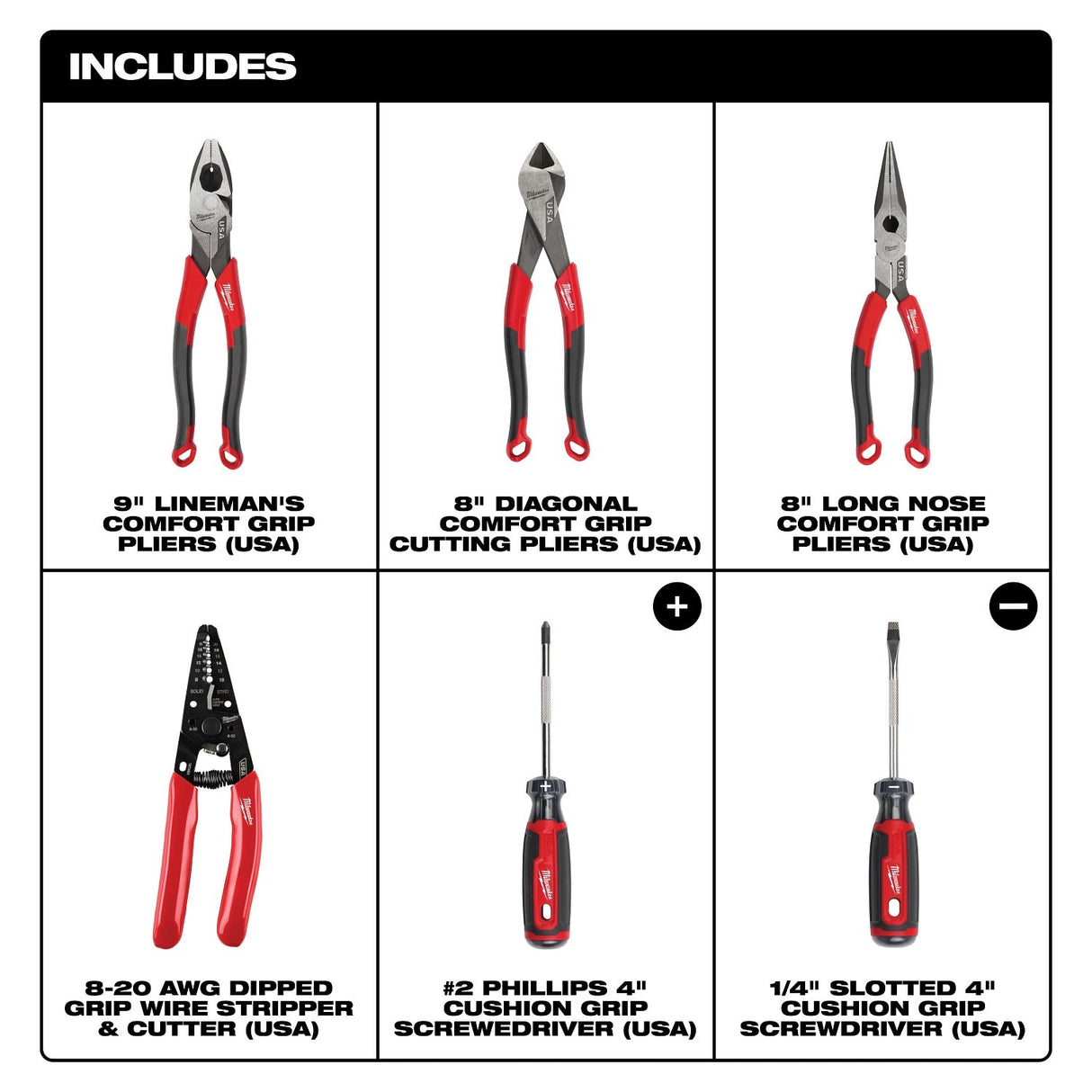 Milwaukee MT550-6 Comfort Grip Cutting Pliers Wire Stripper and Cushion Grip Screwdriver Set Made in USA (6 Piece) - 2