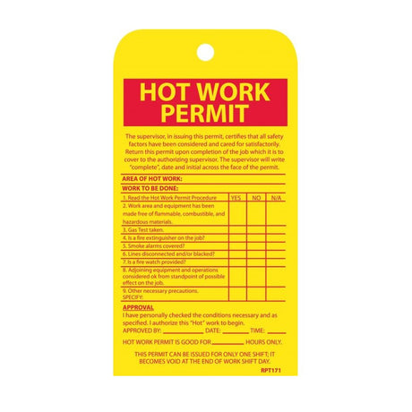 National Marker RPT171 "Hot Work Permit" Tag, Vinyl, 10 Pack