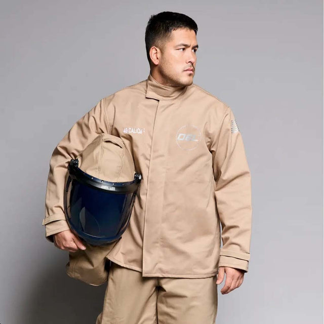 OEL  AFW40LF-F-KJB-L 40 Cal Arc Flash Jacket and Bib Overall Kit with Lift Front Hood and Fan Khaki Large (Kit)