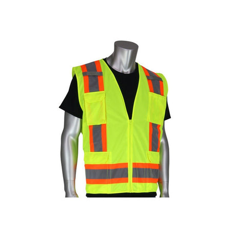 PIP 302-0500-YEL-7X Class 2 Two-Tone Solid Front Mesh Back Safety Vest with Zipper 8 Pockets