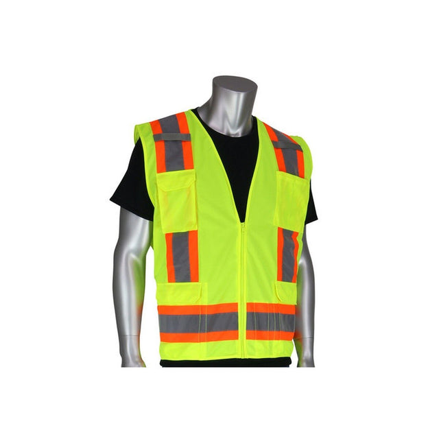PIP 302-0500-YEL-7X Class 2 Two-Tone Solid Front Mesh Back Safety Vest with Zipper 8 Pockets