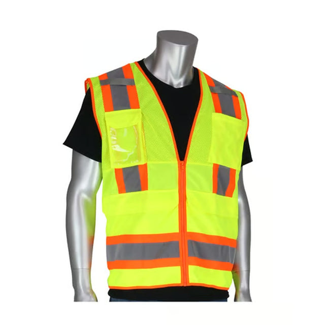 PIP 302-0700-LY/5X Class 2 Hi-Vis Safety Tech Vest with 8 Pockets ID Pocket Mic Tabs Two Tone Tape Hi-Vis Yellow 5XL