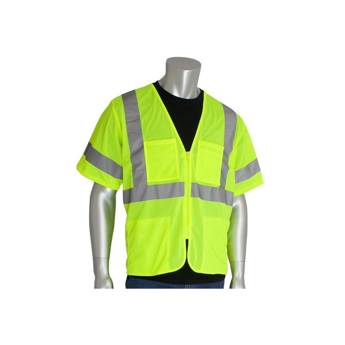 PIP 303-MVGZ4P-LY/M Class 3 Mesh High Visibility Vest Zipper Front 4 Pockets 28" Length 2" Reflective Tape Size Medium