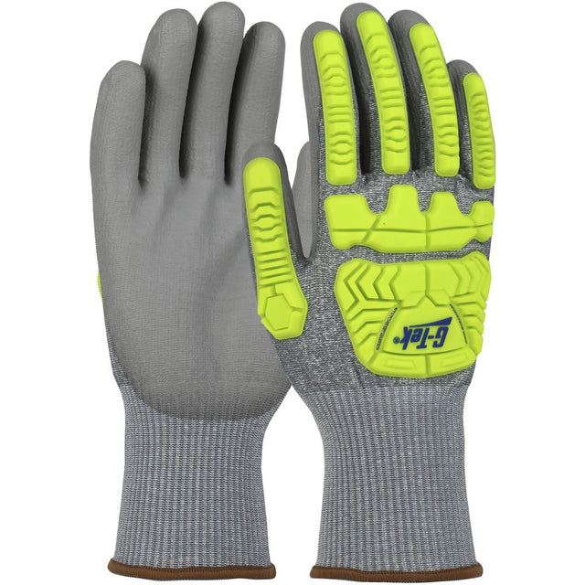 PIP 710HGUBHVG G-Tek Seamless Knit HPPE Blended Glove with Hi-Vis Impact Protection and Polyurethane Coated Palm & Fingers