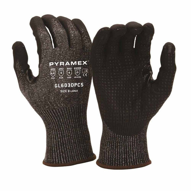 Pyramex GL603DPC5L Micro-Foam Nitrile Dotted Dipped Gloves, A4 Cut HPPE, Black, Large