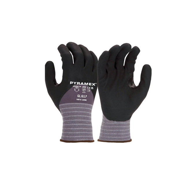 Pyramex GL617L Micro-Foam Nitrile 3/4 Dipped Gloves, 15g Nylon/Spandex, Black/Gray, Large