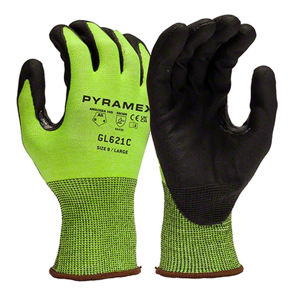 Pyramex GL621CS Micro-Foam Nitrile Dipped A5 Cut 18 Gauge HPPE Gloves Hi-Vis Lime Black Small